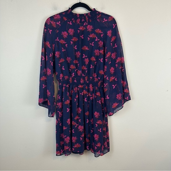 Rachel Roy | Navy Blue Pink Floral Bell Sleeve Cinched Waist Dress Size Medium - Picture 2 of 8
